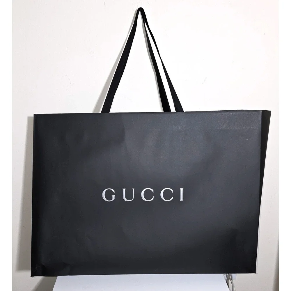 Gucci Shopping Bag Unisex Large Black Silver Logo Ribbon Handles Luxury Good